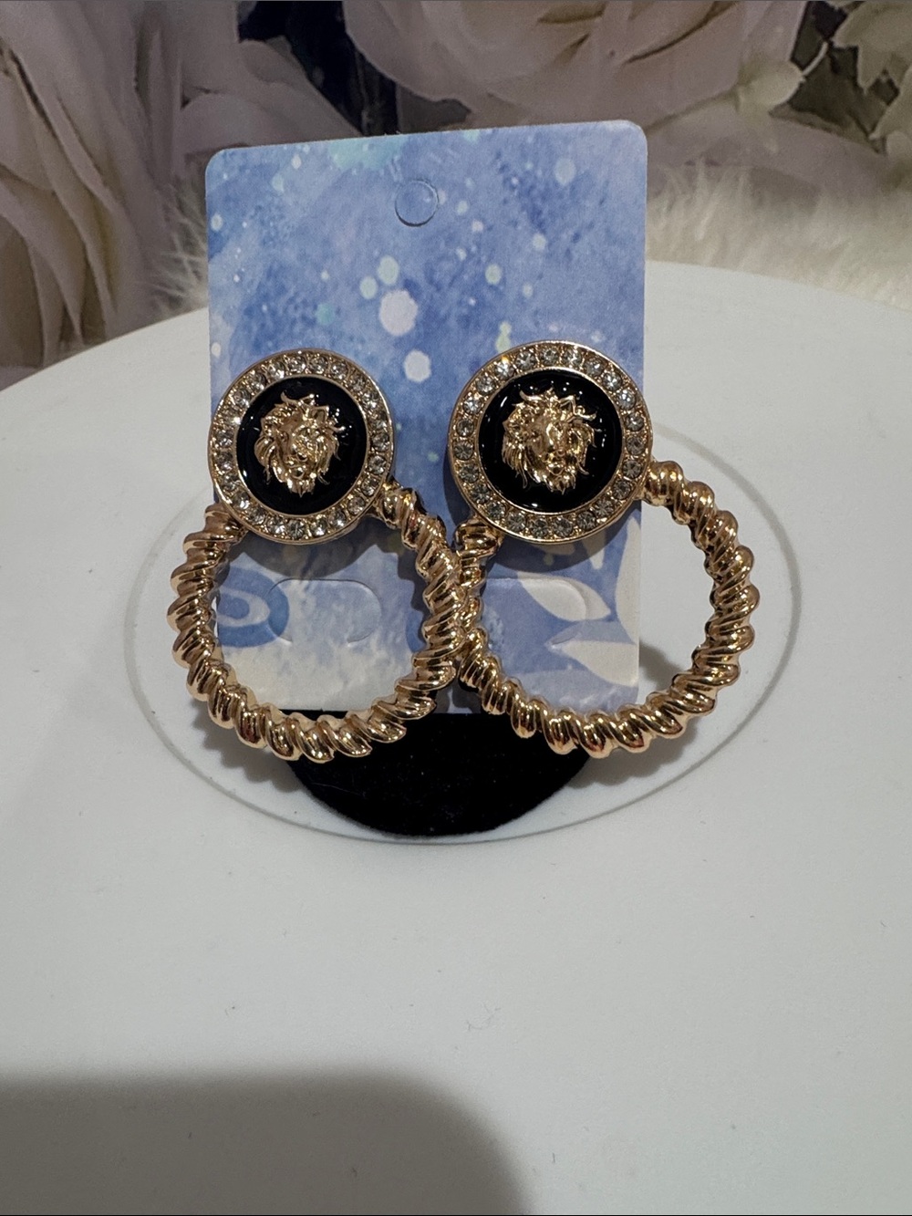 Gold-Tone Black Medallion Lion Hoop Earrings